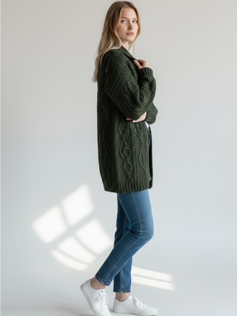 CARRAIGDONN GREEN WOOL CABLE KNIT CARDIGAN WOOL SWEATER MADE IN IRELAND MEDIUM - Picture 2 of 6